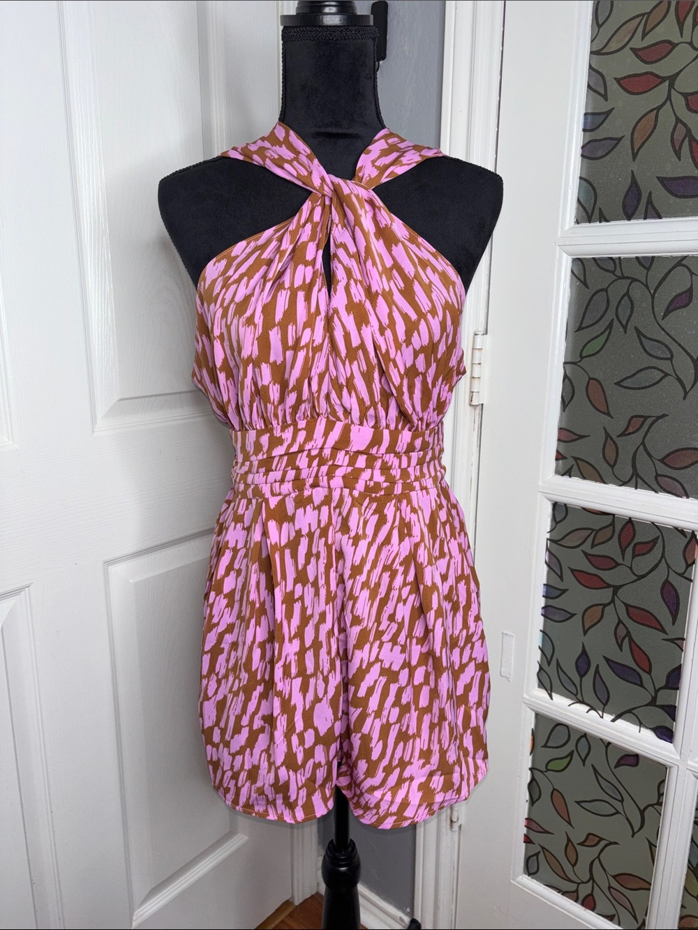 SHEIN Pink and Brown Halter- One-Piece Romper